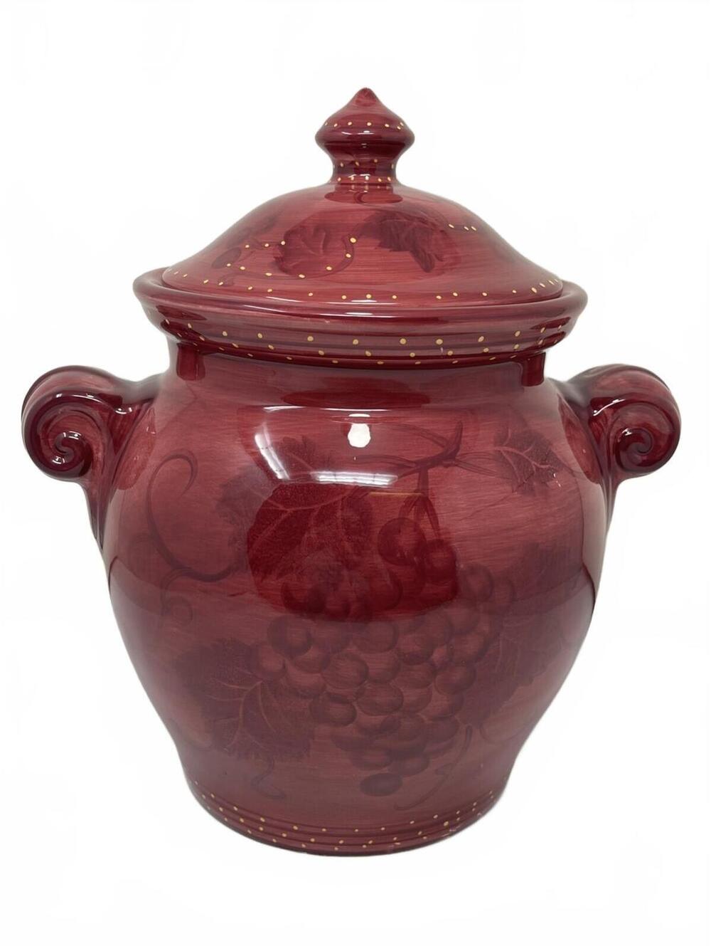 Pier 1 Hand Painted Red Ceramic Cookie Jar with Lid, Set of 2, 14.4 Inches Tall